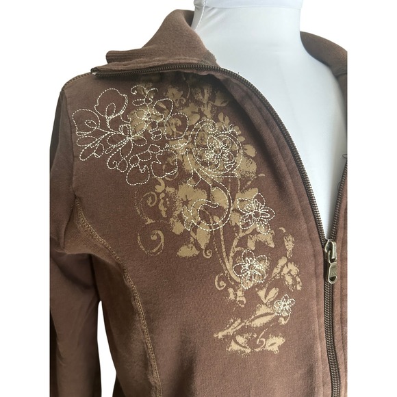 y2k St Johns Bay Women Floral Embroidered Zip Up Hoodie Sweatshirt M Brown - Picture 2 of 6